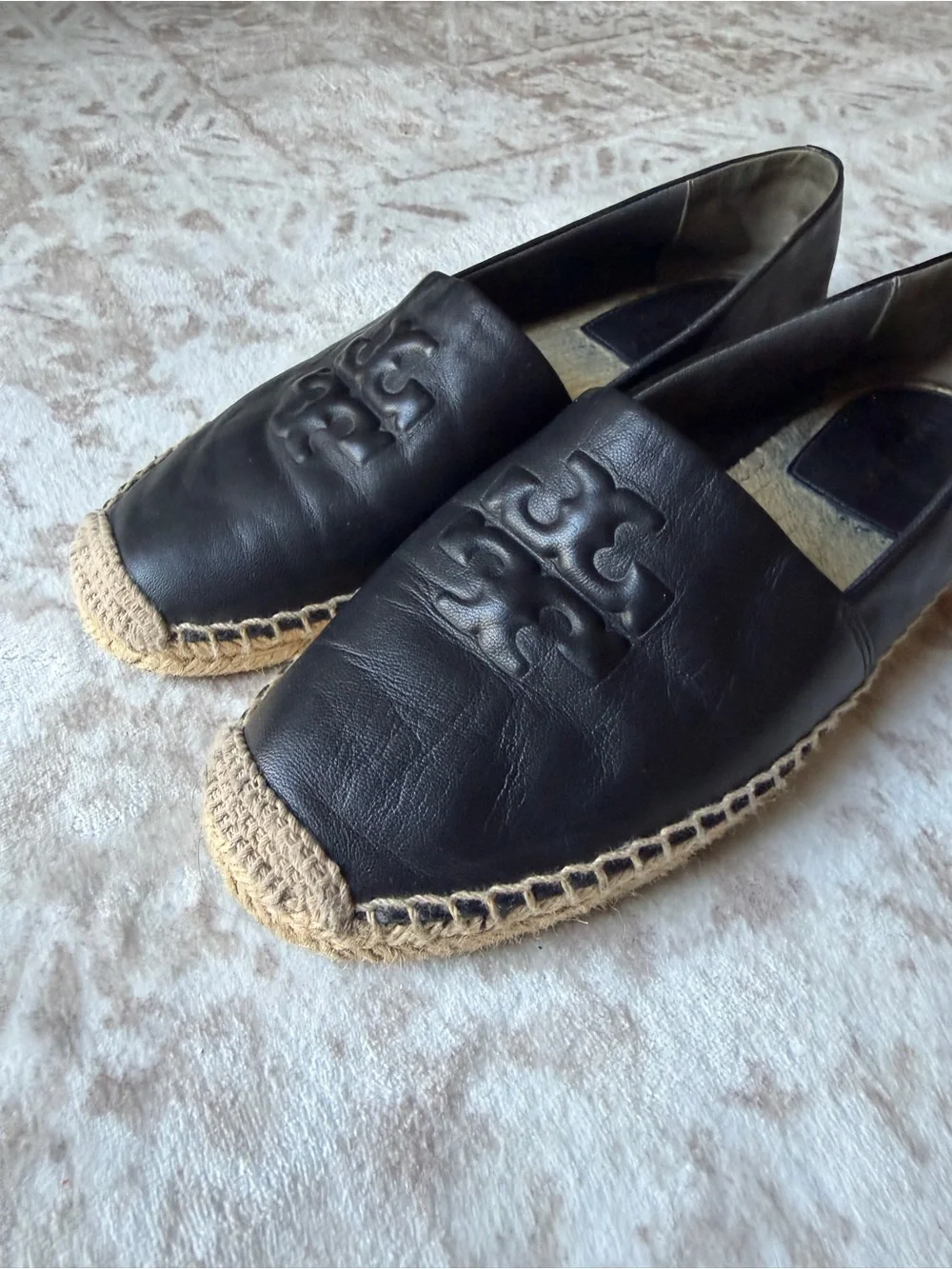 Tory Burch Black Leather Espadrille Slip-Ons with Large Logo